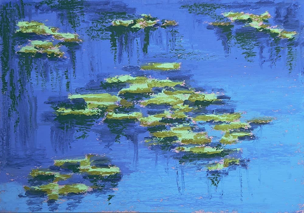 water lilies landscape drawing with oil pastels
